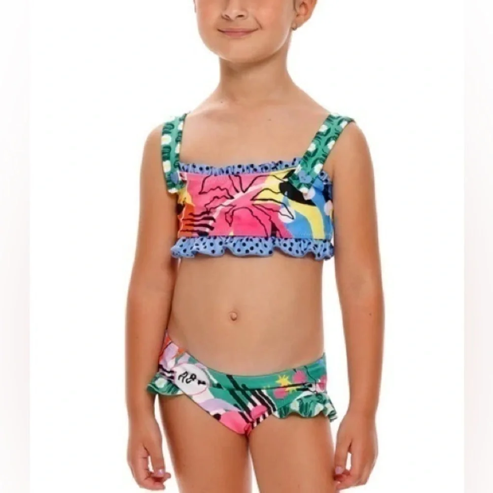 Agua Bendita Girls Multicolor Floral Ruffle Bikini - Pink, Green, Blue, Yellow